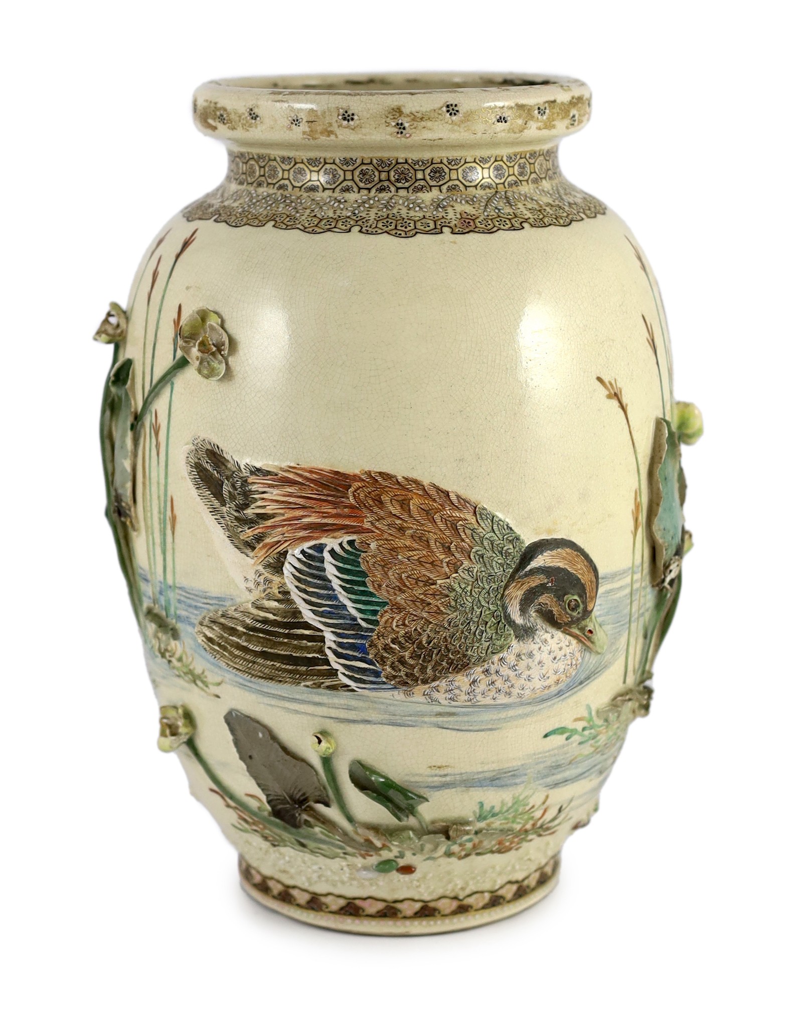 Makuzu Kozan (1842-1916). An earthenware 'duck and lotus pond' vase, c.1880, 30.5cm high, small losses, base drilled